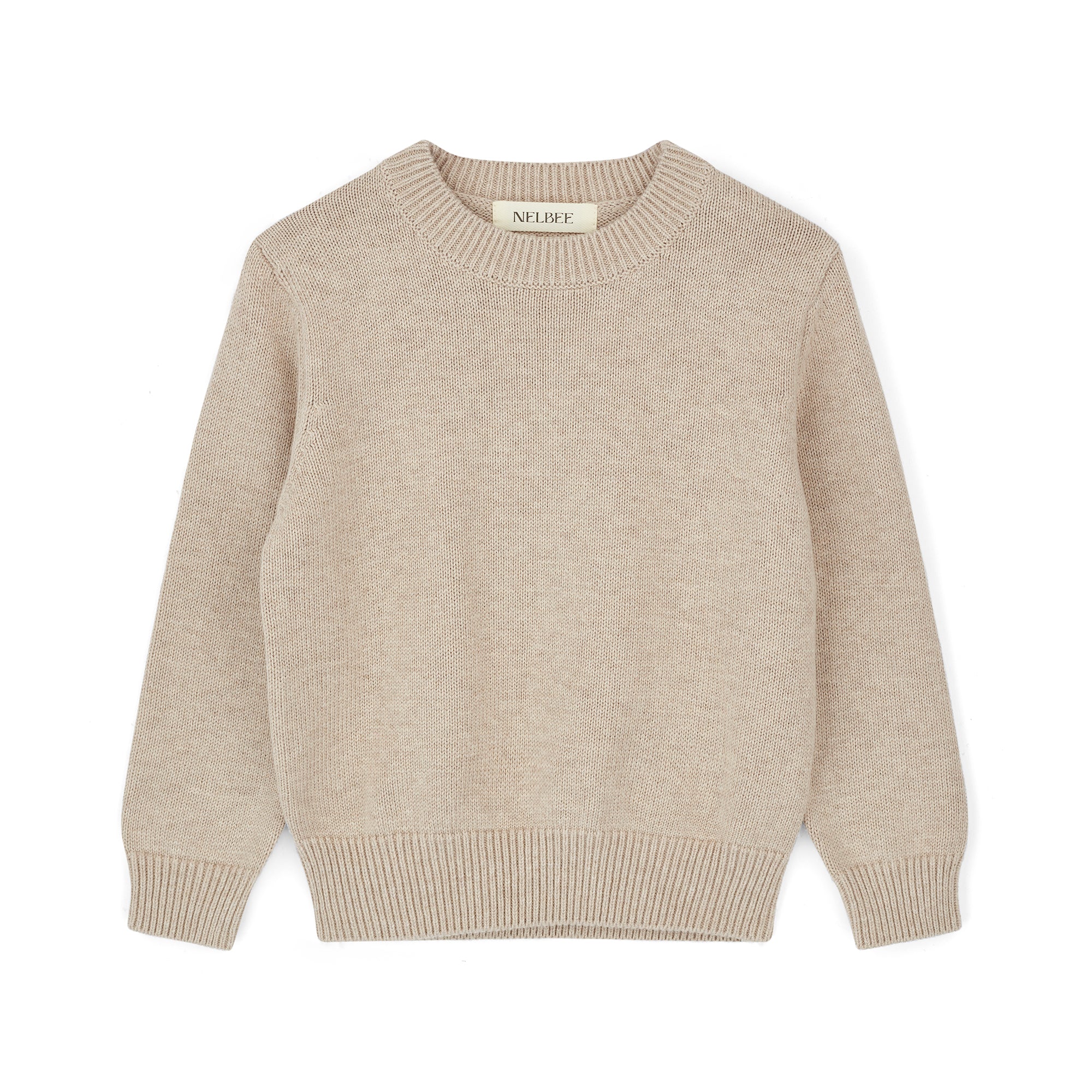 NELBEE Beige sweater with 'Nelly' label on a white background