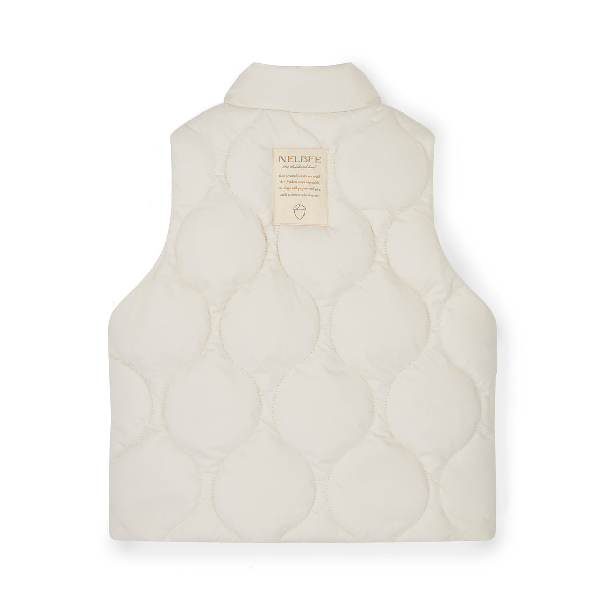 NELBEE White quilted vest with a brand label on a white background