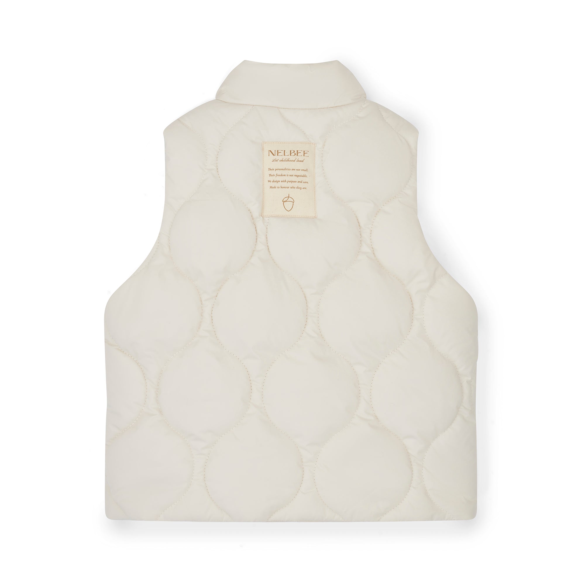 NELBEE White quilted vest with a brand label on a white background