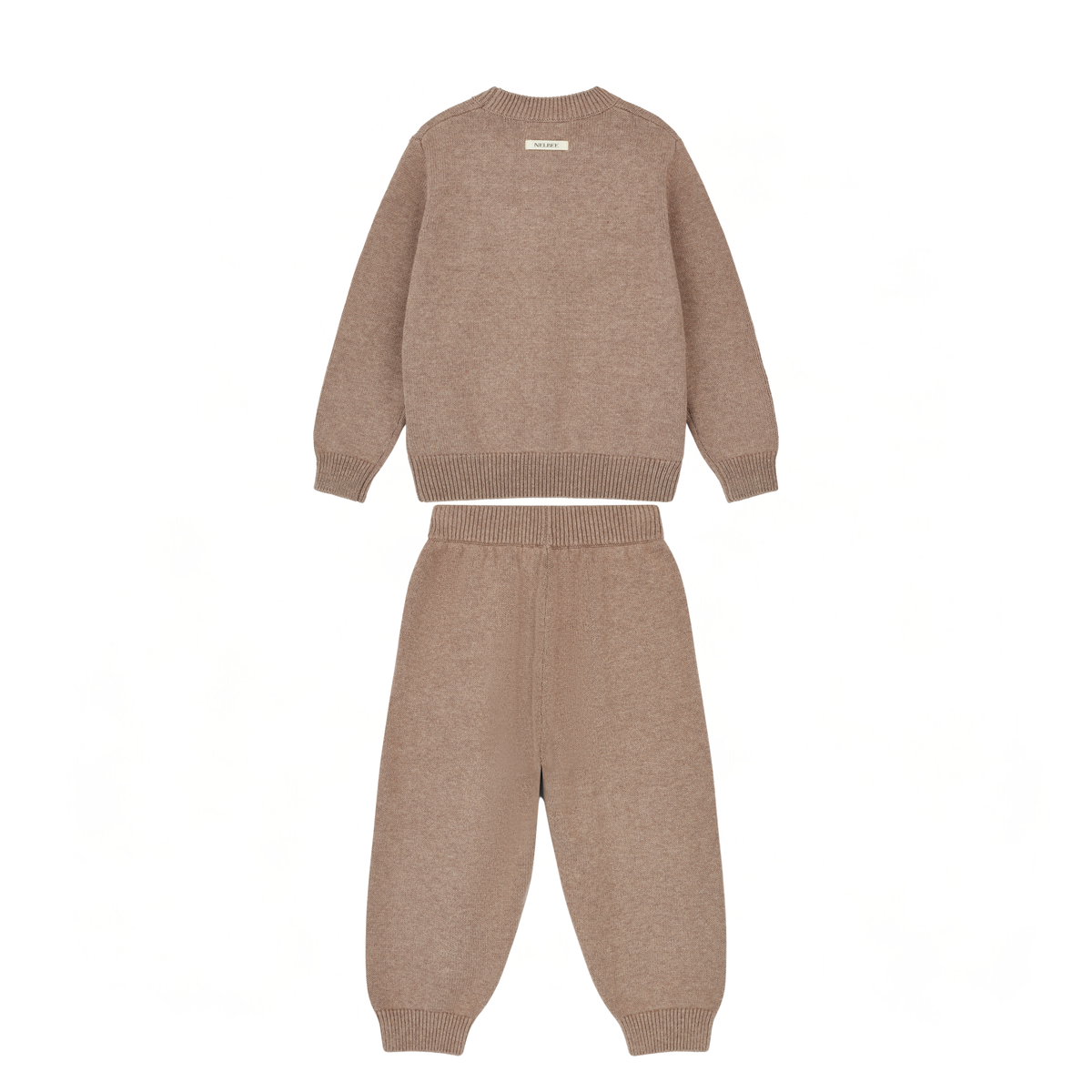 NELBEE Brown knit sweater and pants set on a white background