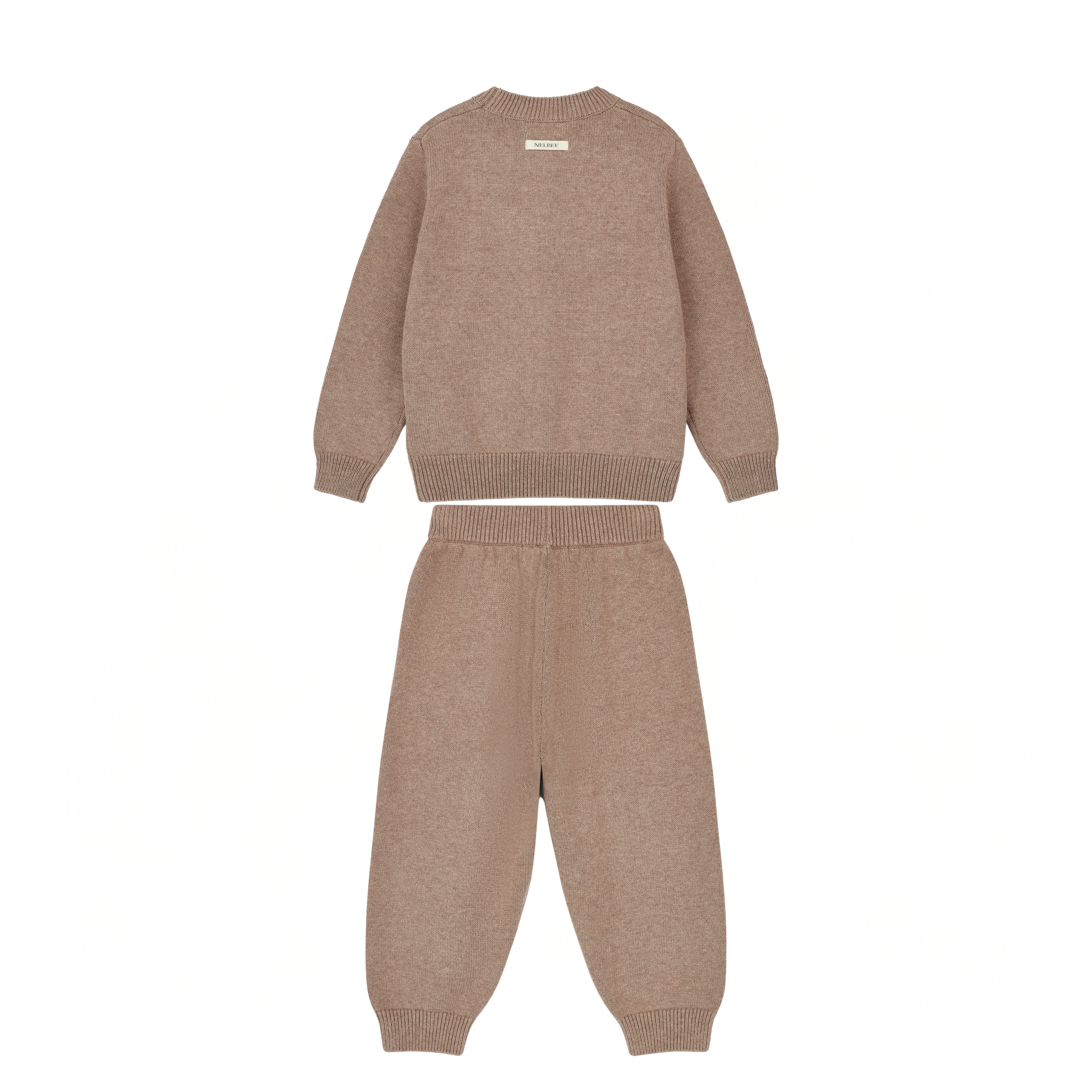 NELBEE Brown knit sweater and pants set on a white background
