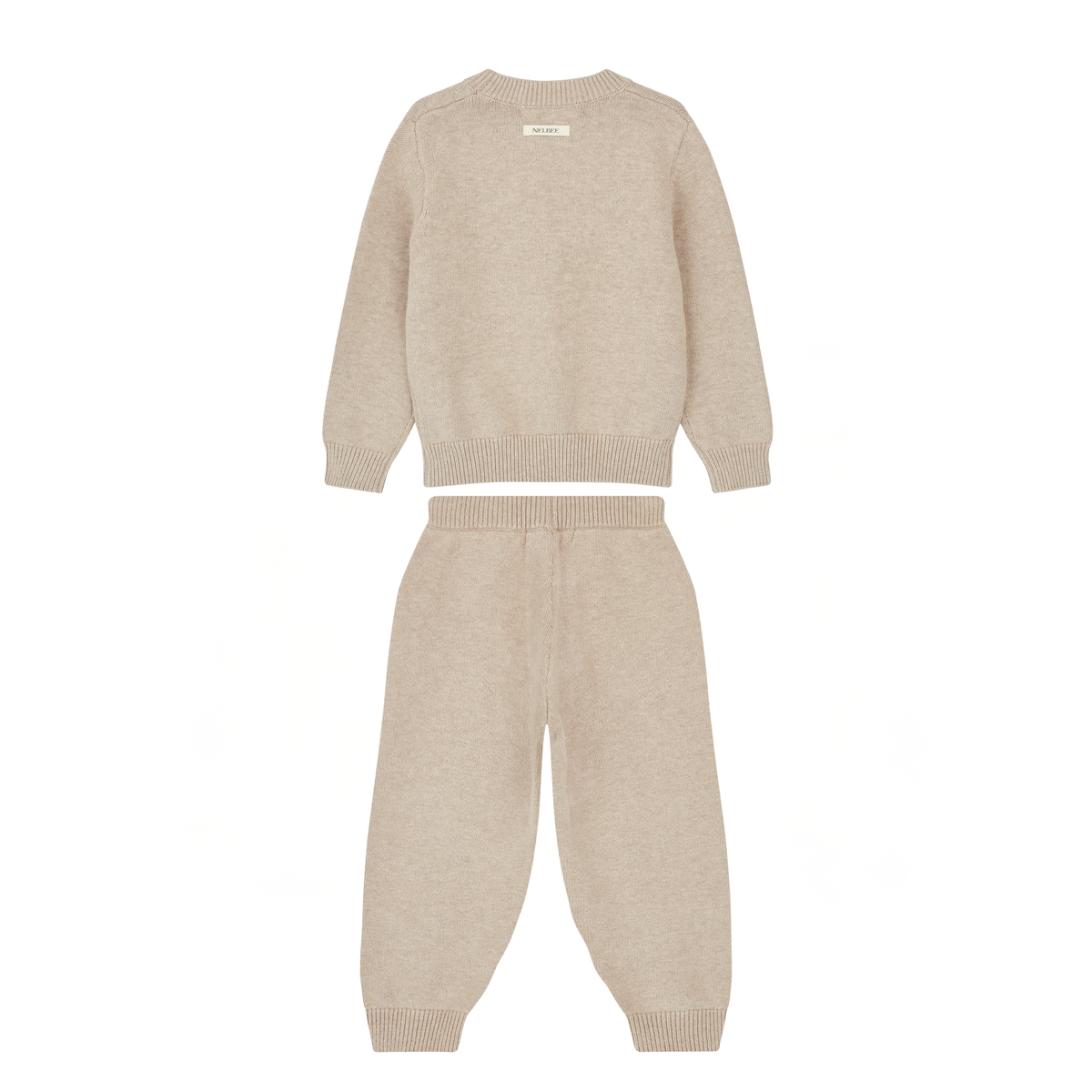 NELBEE Beige knit sweater and pants set on a white background