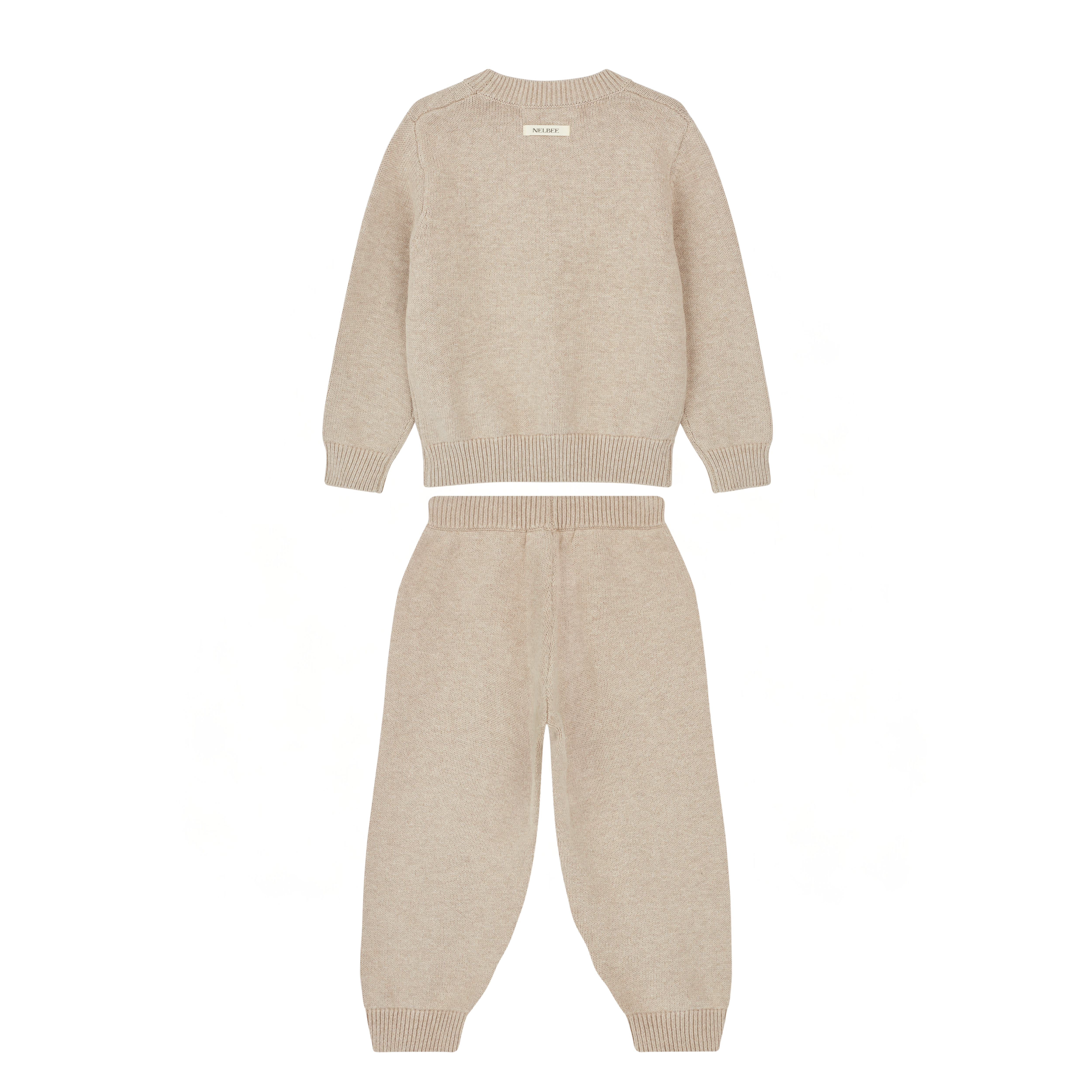 NELBEE Beige knit sweater and pants set on a white background