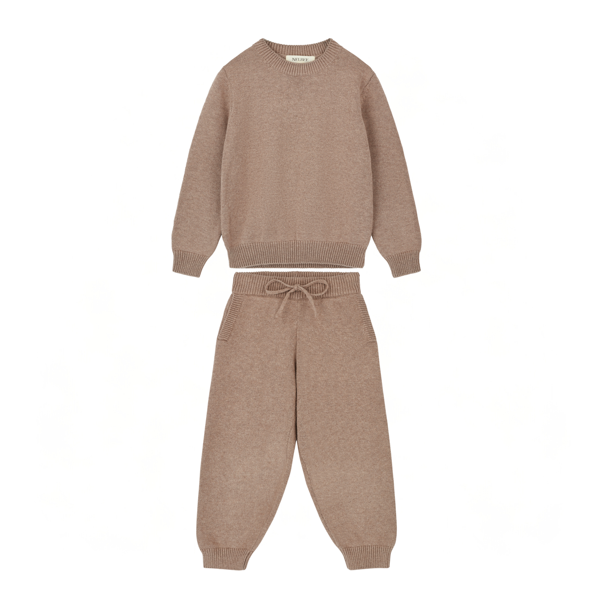 NELBEE Brown knit sweater and pants set on a white background