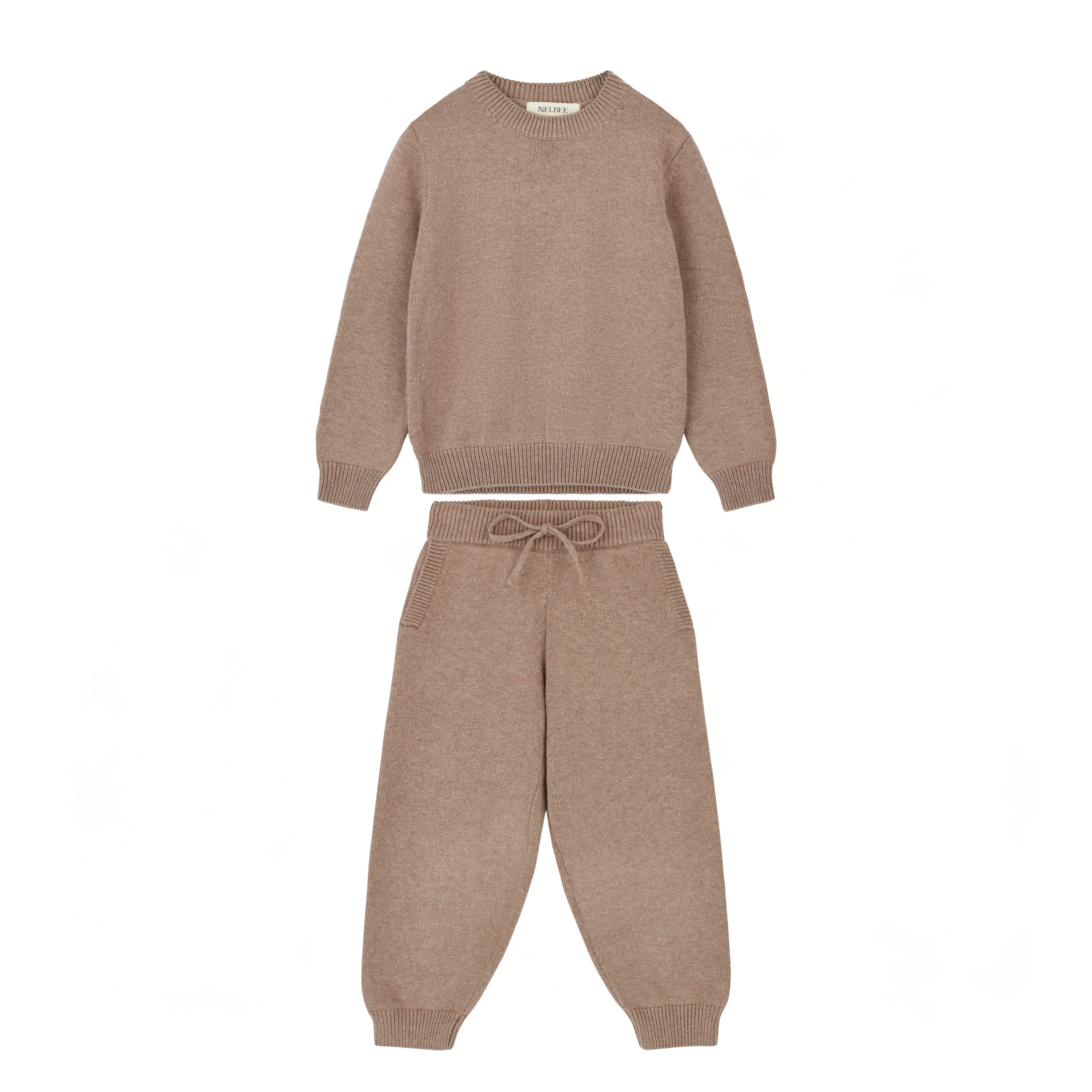 NELBEE Brown knit sweater and pants set on a white background