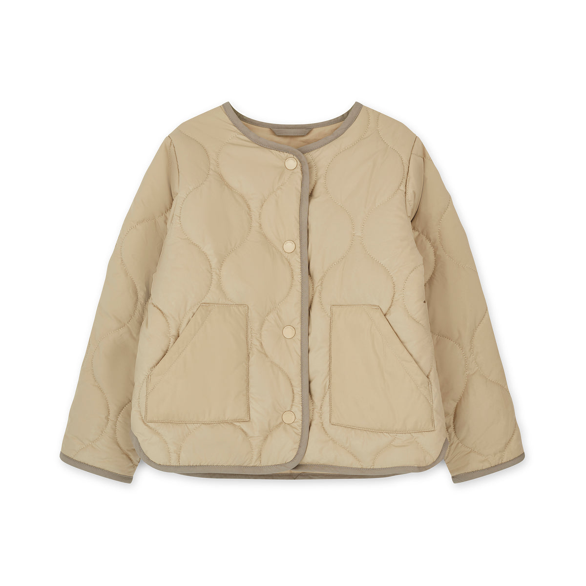 NELBEE Beige quilted jacket with button details on a white background