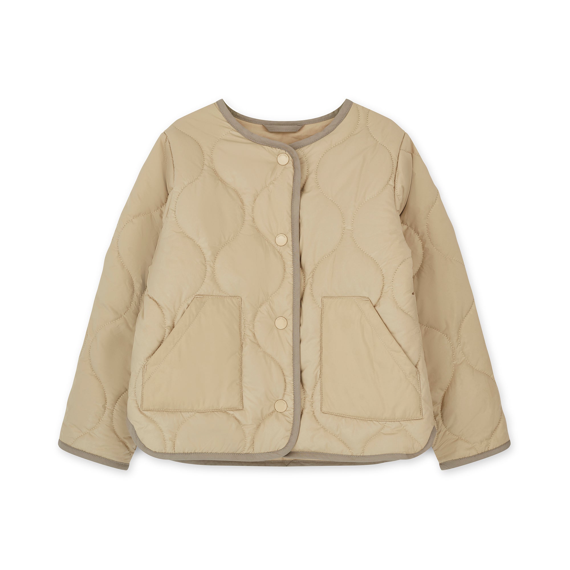 NELBEE Beige quilted jacket with button details on a white background