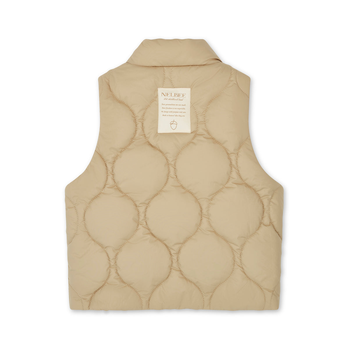 NELBEE Beige quilted vest with a brand label on a white background