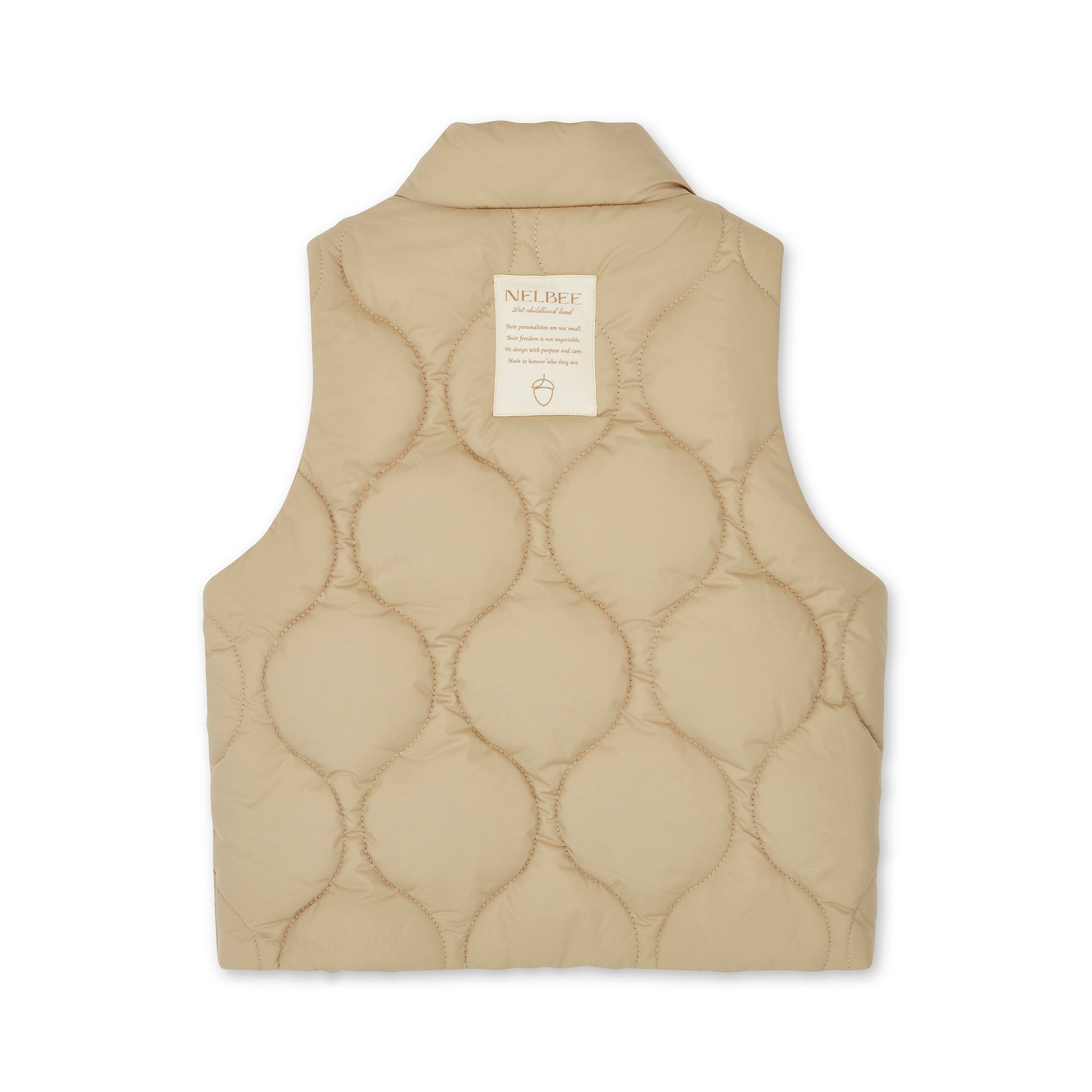 NELBEE Beige quilted vest with a brand label on a white background
