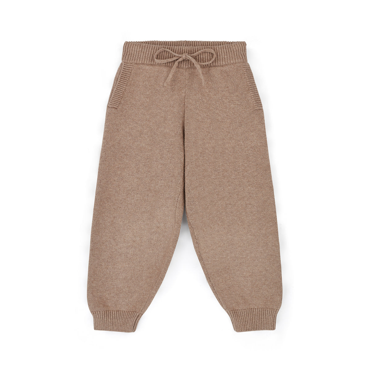 NELBEE Brown knitted baby pants with a drawstring on a white background