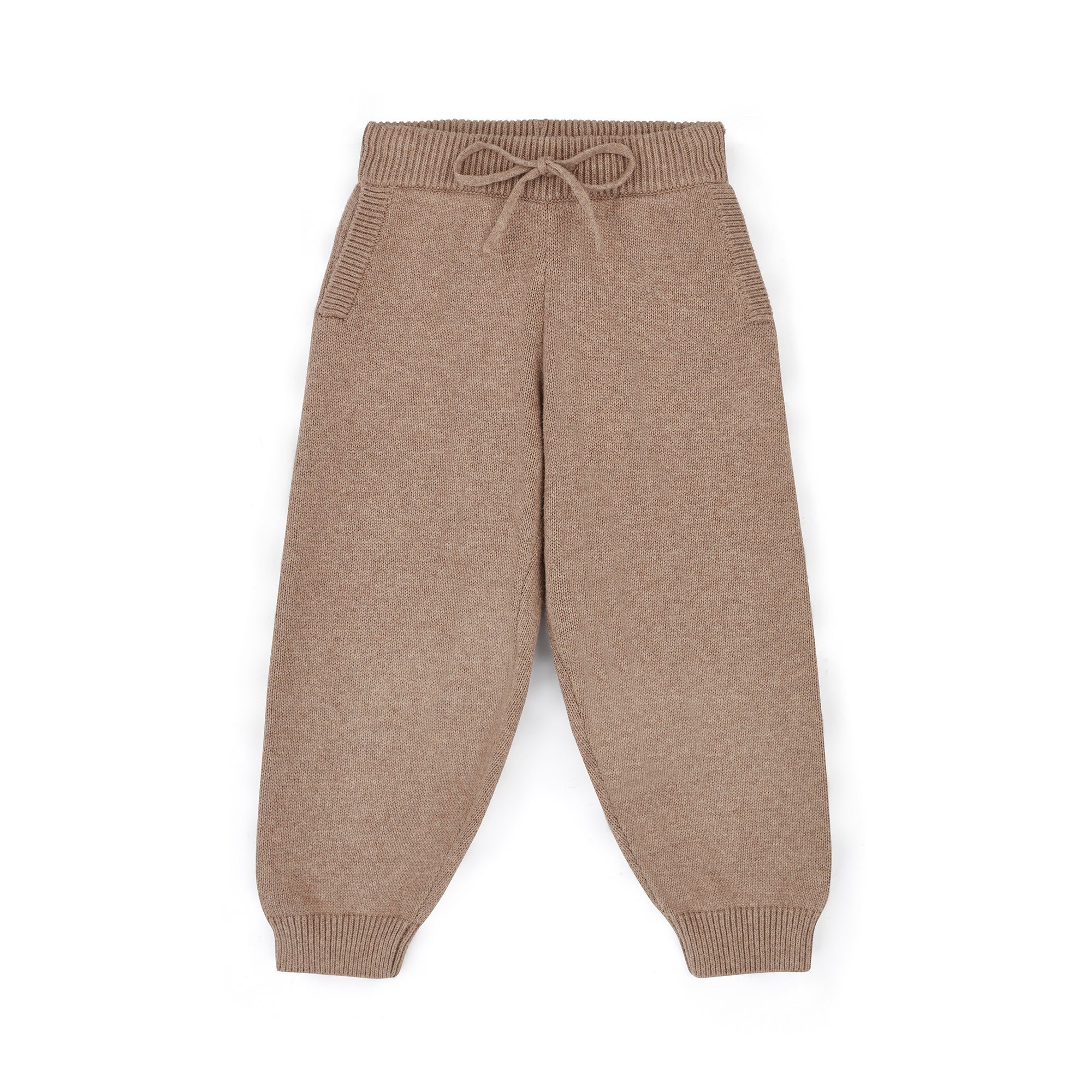 NELBEE Brown knitted baby pants with a drawstring on a white background