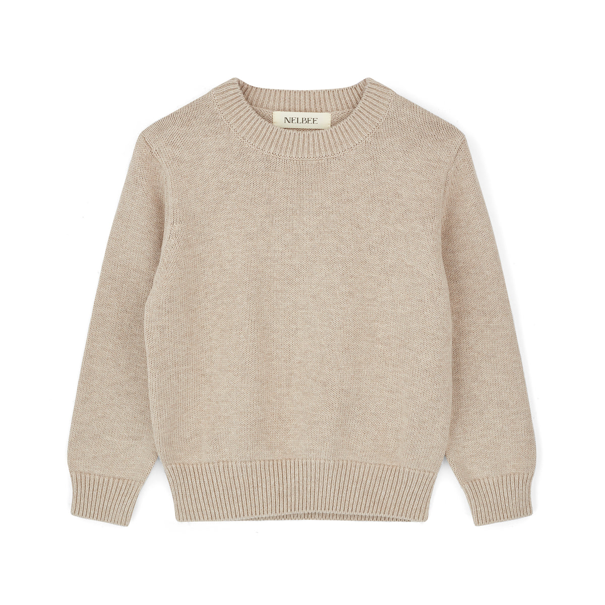 NELBEE Beige sweater with 'Nelly' label on a white background